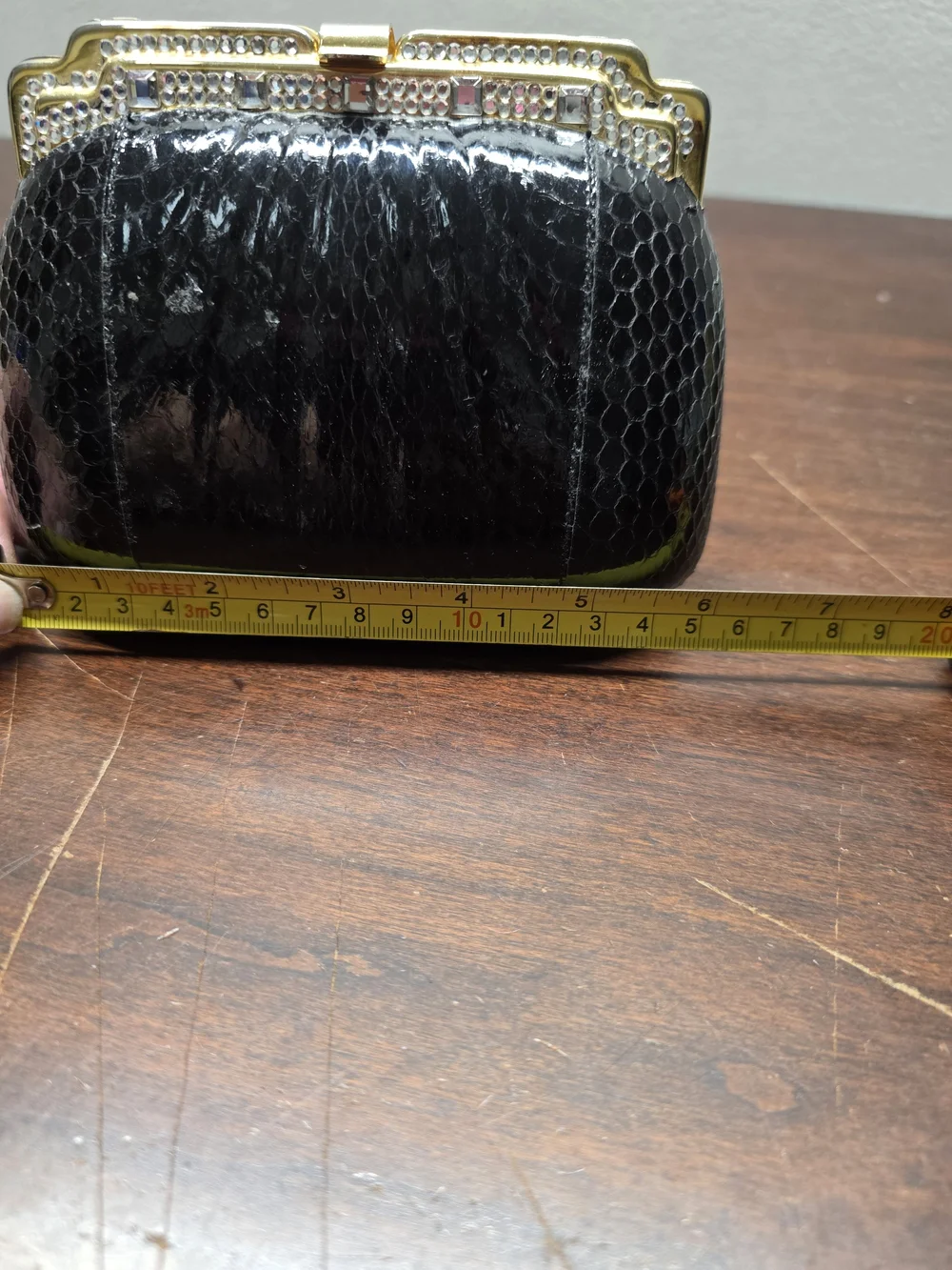 Classic Black Faux Snakeskin Evening Clutch with Gold Frame